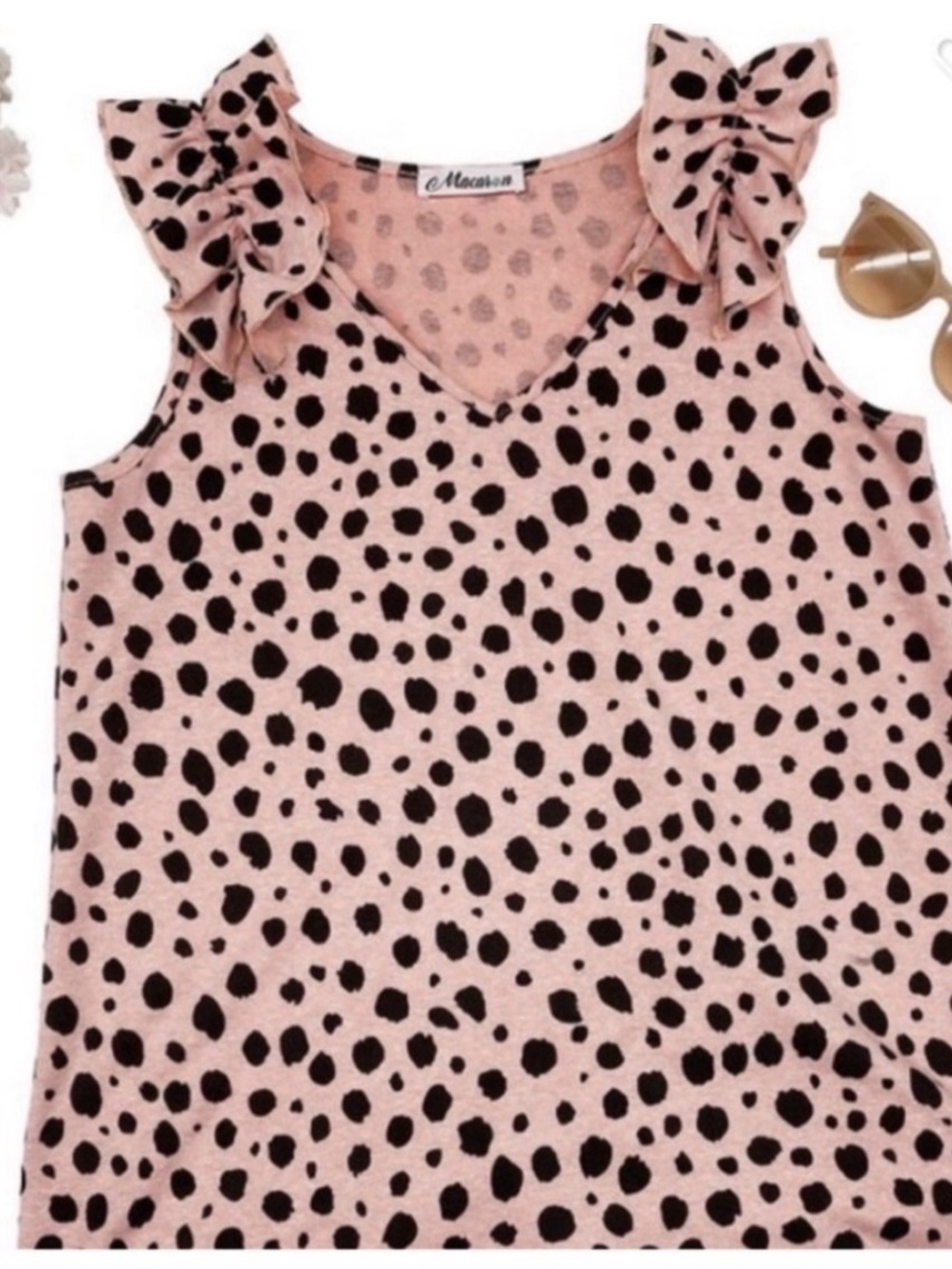 Girls' Pink Dalmatian Print Ruffle Shoulder Tank Top